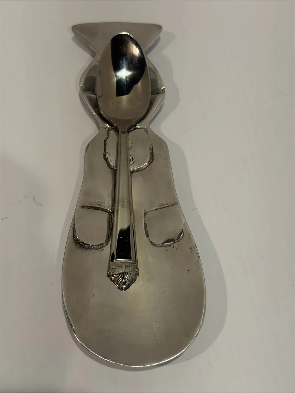 Vintage Cast Aluminum Chef Spoon Rest Silver Tone Metal Rare